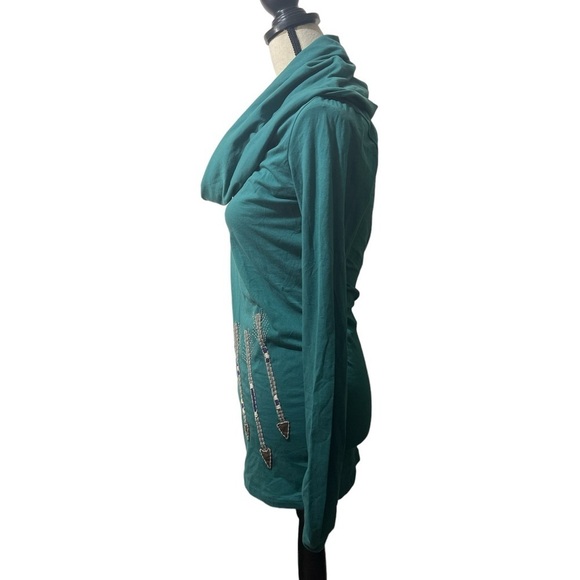 Synergy Organic Cotton Cowl Neck Hoodie Tunic in Teal w/ Arrow Embroidery -Small - Picture 6 of 9